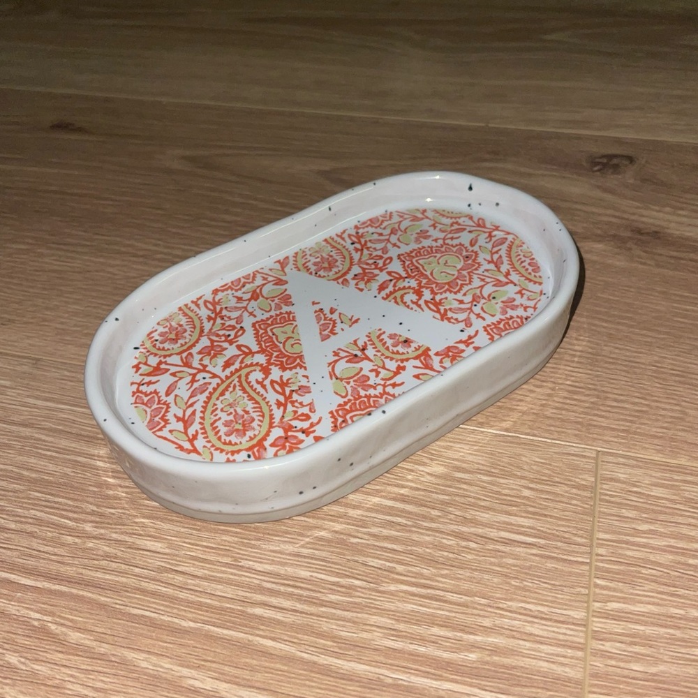 Anthropologie Orange Paisley Jewelry Tray Dish Alphabet Letter A Ceramic Speckle